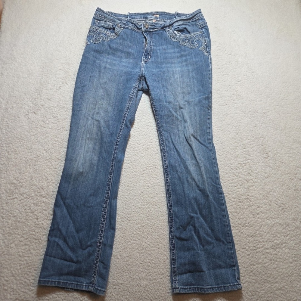Reba Jeans‎ Womens Size 14 (34x29) Blue Bootcut Stretch Denim Embroidered Pocket